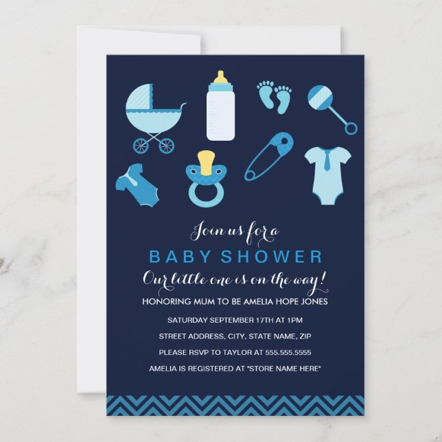 Söt liten babyboy blå baby shower inbjudan (Framsida)