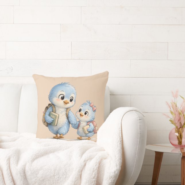 Söt liten blå fågelfamilj kastkudde kudde (Soffa)
