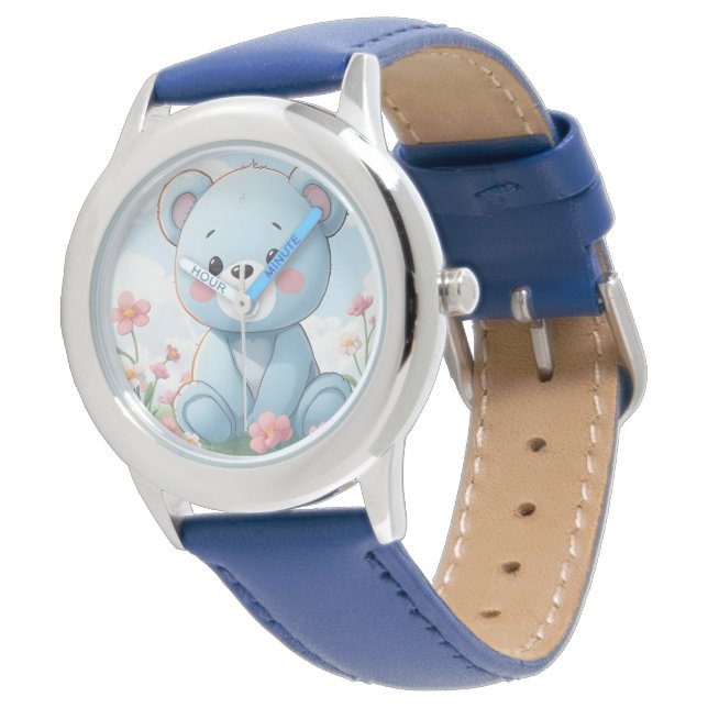 Söt liten blå teddybjörn i trädgården armbandsur (Vinklad)