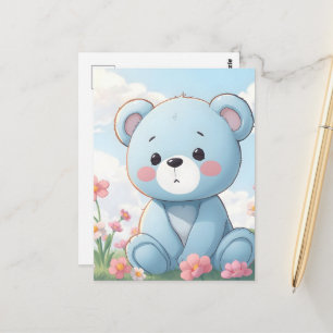 Söt liten blå teddybjörn i trädgården vykort