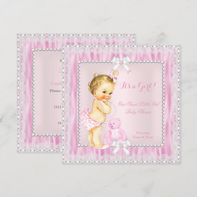 Söt liten blond flicka baby shower pärlor spets inbjudningar (Fram/baksida)