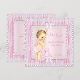 Söt liten blond flicka baby shower pärlor spets inbjudningar