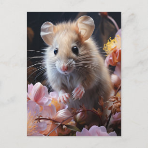Söt Liten Brun Mus i de Rosa Blommorna Vykort