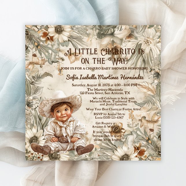 Söt liten Charro-bebisfest  Inbjudningar (Cute charro baby shower invitation with adorable baby boy!)
