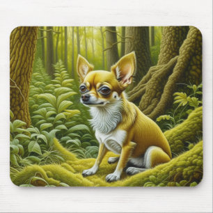 Söt liten chihuahua som sitter i skogen musmatta