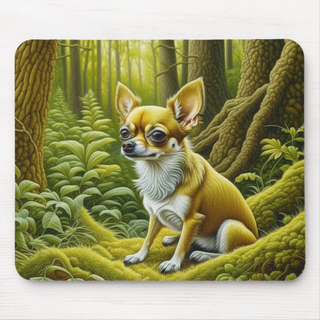 Söt liten chihuahua som sitter i skogen musmatta (Framsidan)