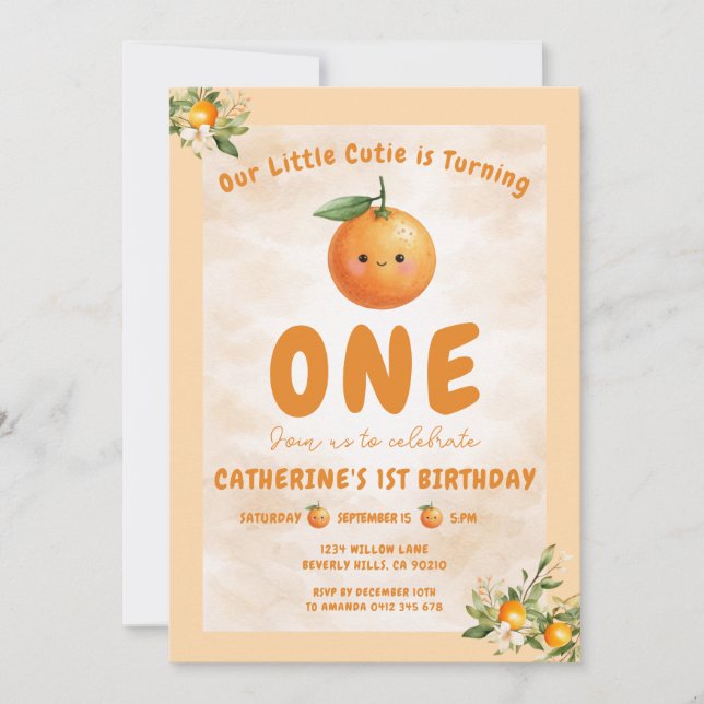 Söt Liten Citron Citrus 1-års Födelsedag Inbjudningar (Framsida)