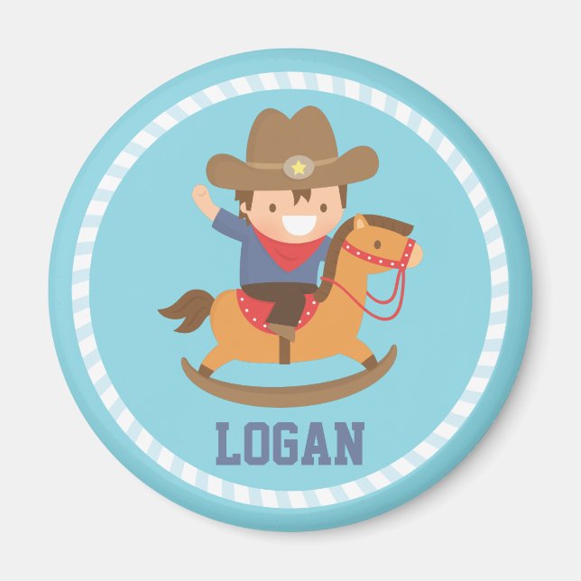Söt liten cowboy på gunghästmagnet magnet (Framsidan)