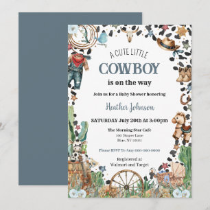 Söt liten cowboy western akvarell baby shower inbjudningar