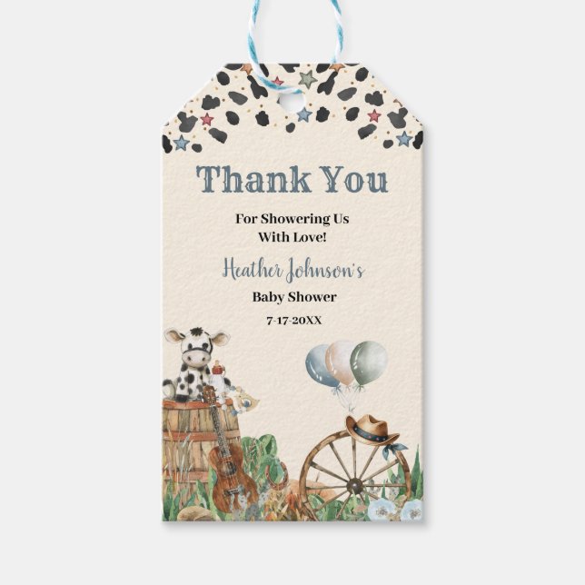 Söt liten cowboy western- akvarell baby shower presentetikett (Framsidan)