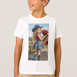 Söt liten cowgirl med röda rosor barn t-shirt