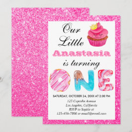 Söt Liten Cupcake Rosa Glitter 1-års Födelsedag Et Inbjudningar