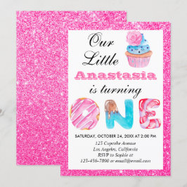 Söt Liten Cupcake Rosa Glitter 1-års Födelsedag Et Inbjudningar