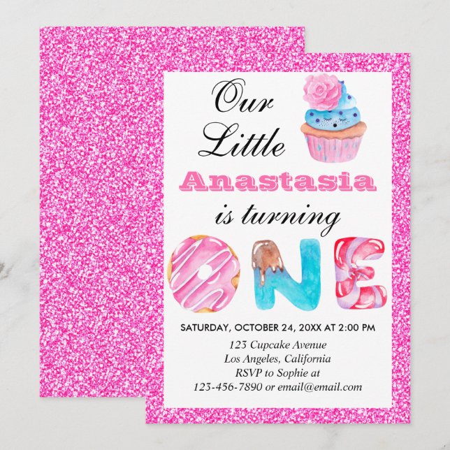 Söt Liten Cupcake Rosa Glitter 1-års Födelsedag Et Inbjudningar (Fram/baksida)