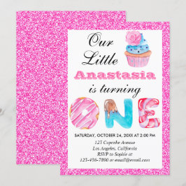 Söt Liten Cupcake Rosa Glitter 1-års Födelsedag Et Inbjudningar