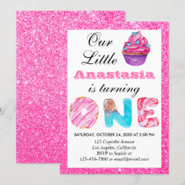 Söt Liten Cupcake Rosa Glitter 1-års Födelsedag Et Inbjudningar