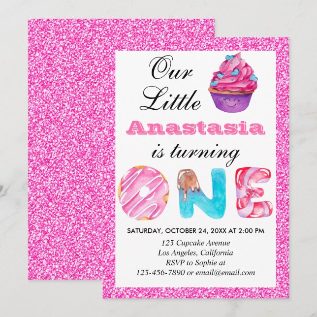 Söt Liten Cupcake Rosa Glitter 1-års Födelsedag Et Inbjudningar (Fram/baksida)