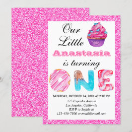 Söt Liten Cupcake Rosa Glitter 1-års Födelsedag Et Inbjudningar