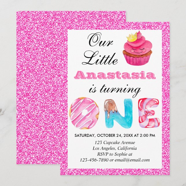 Söt Liten Cupcake Rosa Glitter 1-års Födelsedag Et Inbjudningar (Fram/baksida)