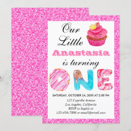 Söt Liten Cupcake Rosa Glitter 1-års Födelsedag Et Inbjudningar