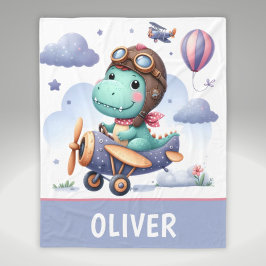 Söt liten dinosaurie flygande lila flygplan fleecefilt