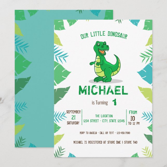 Söt liten dinosaurie pojke baby shower inbjudningar (Fram/baksida)