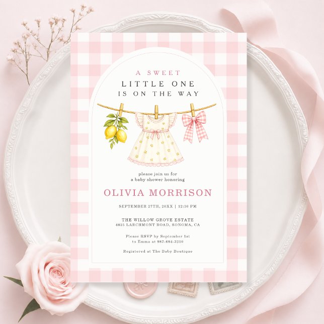 Söt Liten En Lemon Gingham Flicka Barnkalas Inbjudningar (Skapare uppladdad)