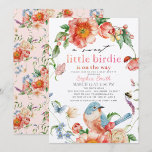 Söt Liten Fågel Rosa Blommig Flick Baby Shower Inbjudningar