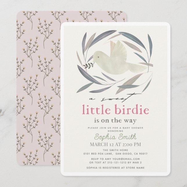 Söt Liten Fågel Vit Duva Oliv Baby Shower Inbjudningar (Fram/baksida)