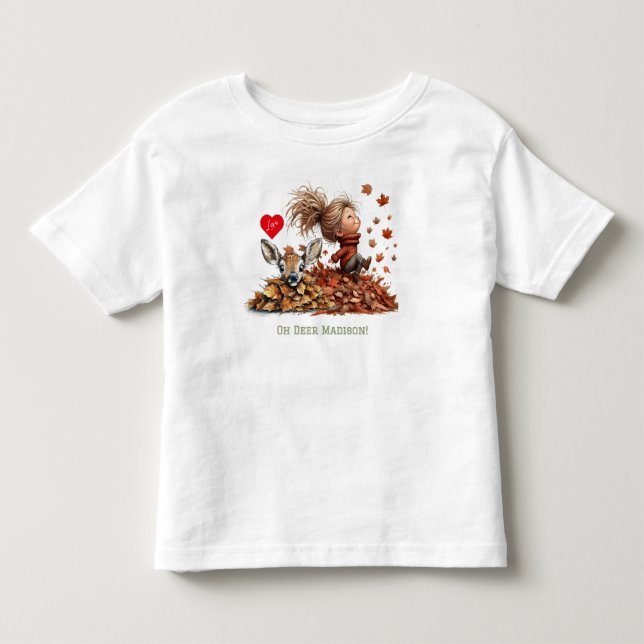 Söt liten flicka, hjortkalv, höstlöv t shirt (Framsida)