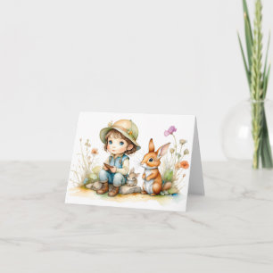 Söt liten flicka med kaniner och blommor Blank Kort