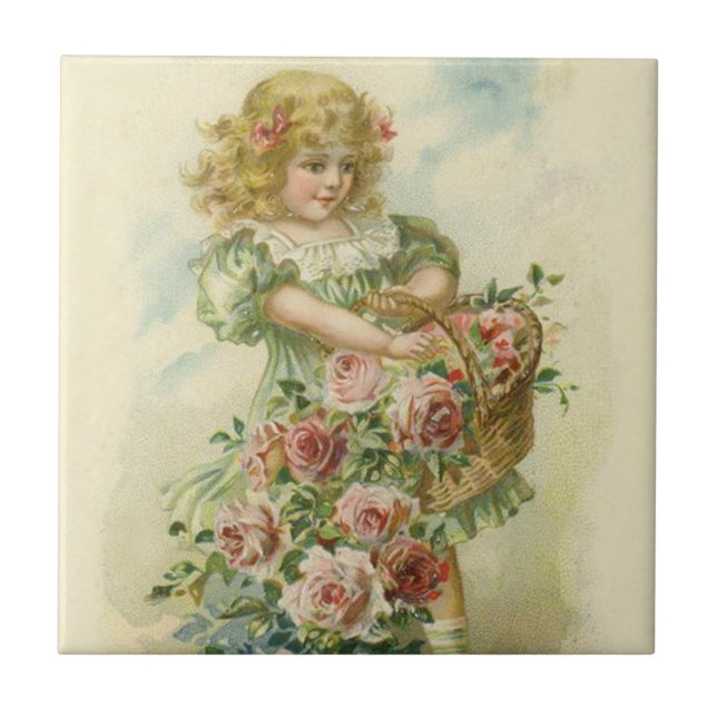 Söt liten flicka rosa rosor kakelplatta (Framsidan)