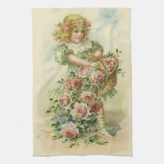 Söt liten flicka rosa rosor kökshandduk (Vertikal)