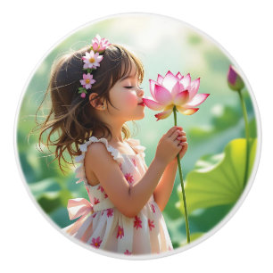 Söt liten flicka som lukter på en blomma knopp