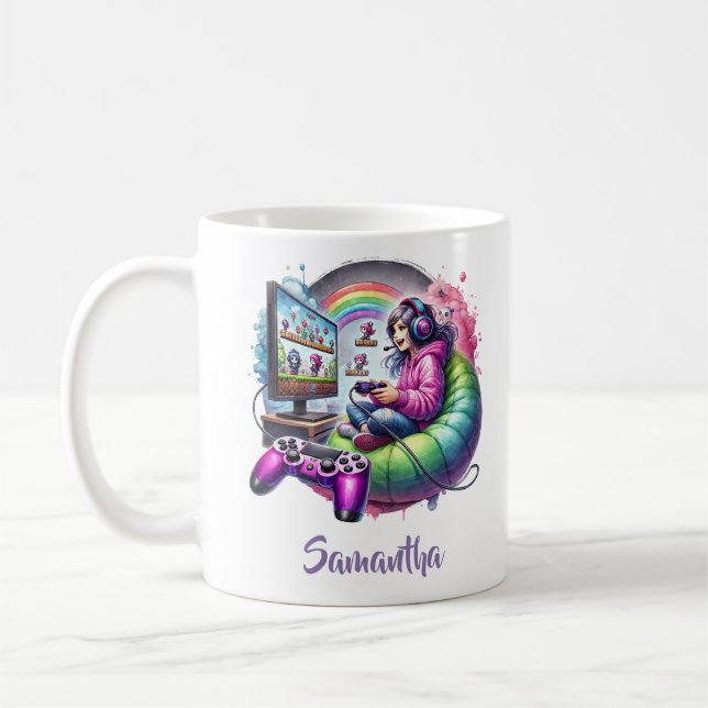 Söt liten flicka som spelar TV-spel Kaffemugg (Vänster)