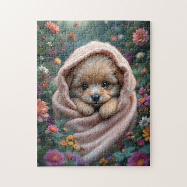 Söt, liten, fluffig valp omgiven av blommor pussel (Vertikal)