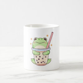 Söt liten groda som kramar om bubbelteacupen kaffemugg