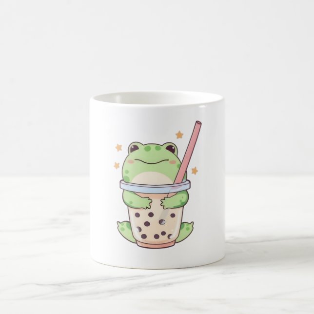 Söt liten groda som kramar om bubbelteacupen kaffemugg (Center)