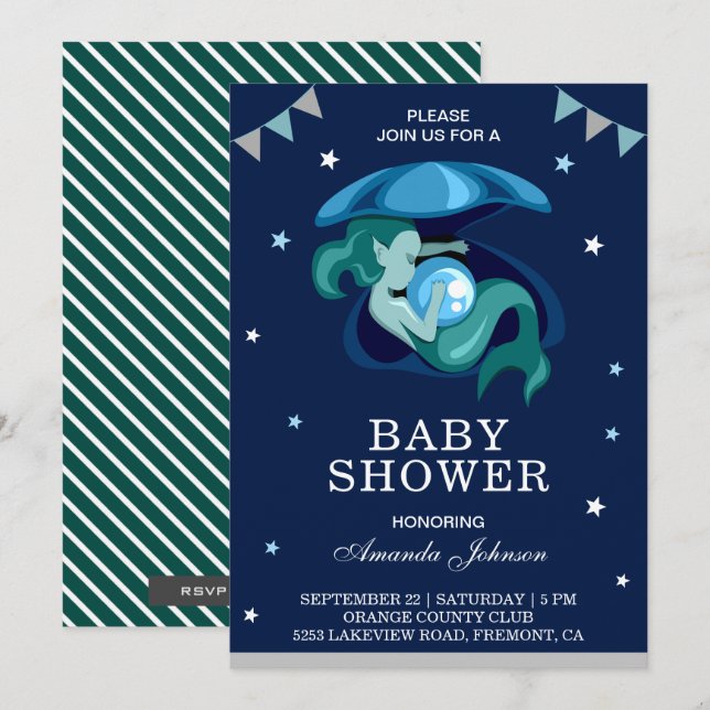 Söt liten grön sjöjungfru baby shower inbjudan (Fram/baksida)