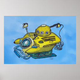 Söt liten gul ubåt i blått vatten poster