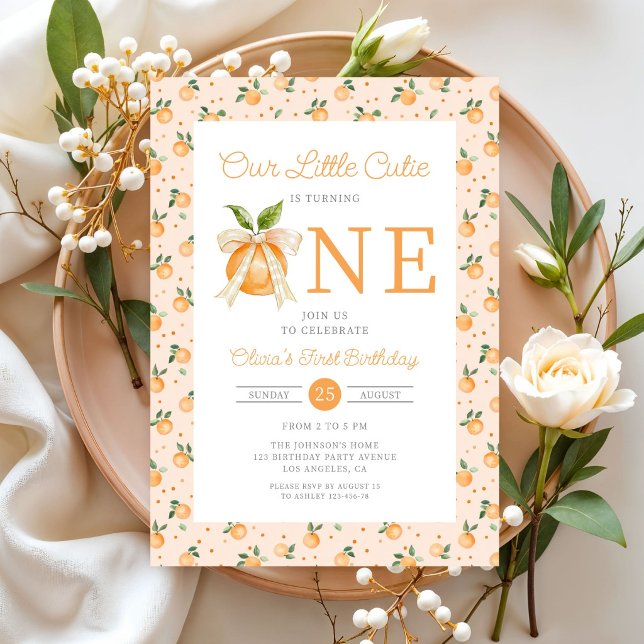 Söt Liten Gullet Apelsin Citrus 1-årsfest Inbjudningar (Cute Little Cutie Orange Citrus 1st Birthday Invitation)