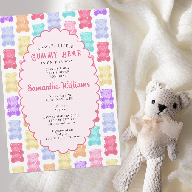 Söt liten gummibärsrosa baby shower inbjudningar (Sweet Little Gummy Bear Pastel Pink Baby Shower Invitation Yokan Jelly Blush Gummy Bears Aesthetics)