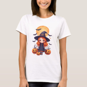 Söt liten häx flicka med pumpor och fladdermöss t shirt
