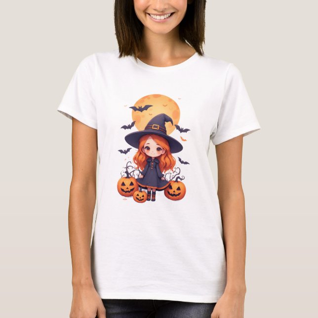 Söt liten häx flicka med pumpor och fladdermöss t shirt (Framsida)