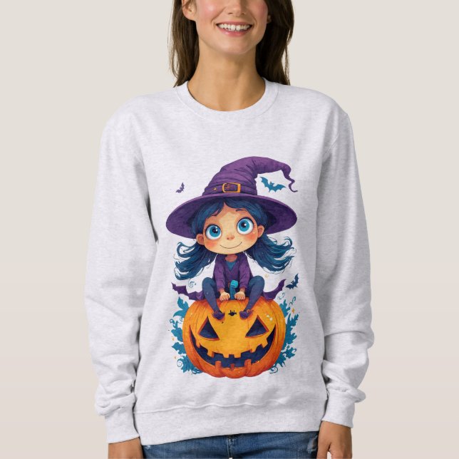 Söt liten häx flicka med pumpor och fladdermöss t shirt (Framsida)