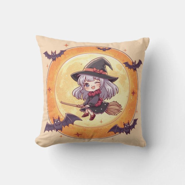 Söt Liten Häxa Halloween Kudde (Framsida)