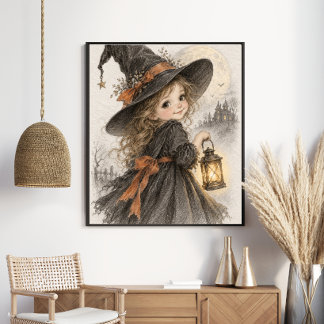 Söt Liten Häxa med Lykta Poster