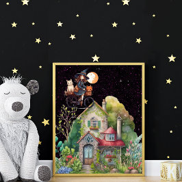 Söt Liten Häxa Och Katt Med Ett Glatt Hus  Poster