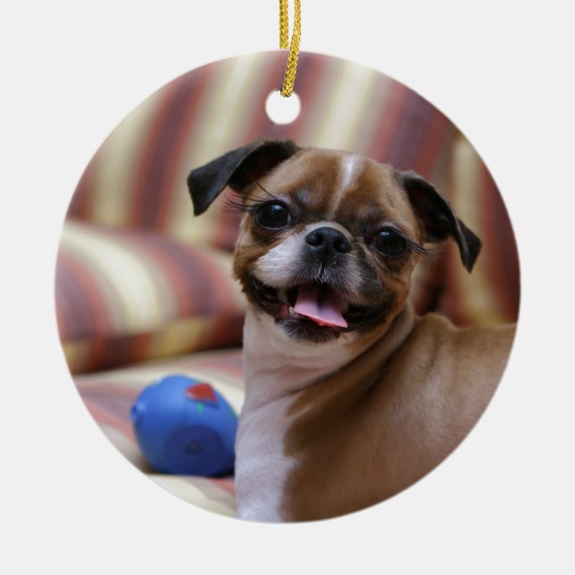 Söt liten hund med sin favoritkula julgransprydnad keramik (Framsidan)