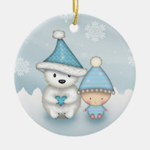 Söt liten isbjörn och bebis julgransprydnad keramik